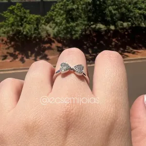 Anel 2 corações cravejados - banhado a ródio branco