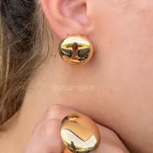 Conjunto de anel e brinco redondo liso - banhado a ouro 18k