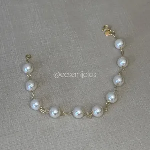 Pulseira de pérolas 8mm - 20cm - banhado a ouro 18k