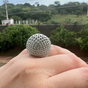 Anel de bola grande 25mm bombardeada - banhado a ródio branco