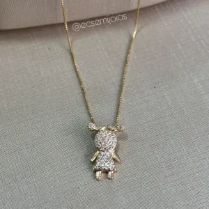 Colar com 1 menina 11x16mm - 45cm + extensor - banhado a ouro 18k