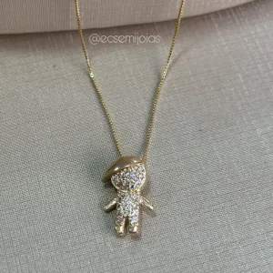 Colar com 1 menino 11x16mm - 45cm + extensor - banhado a ouro 18k