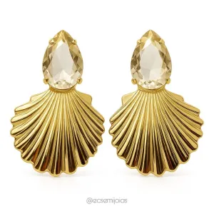 Brinco com gota cristal e concha grande - banhado a ouro 18k