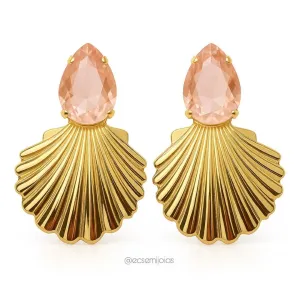 Brinco com gota cristal e concha grande - banhado a ouro 18k