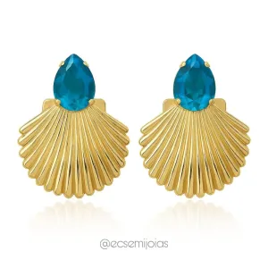 Brinco com gota cristal e concha grande - banhado a ouro 18k
