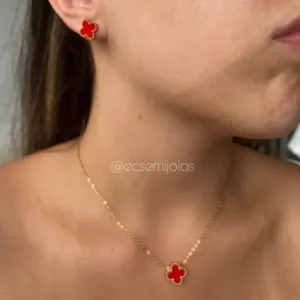 Conjunto de brinco e colar de trevo 13mm - aço inoxidável dourado