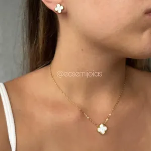 Conjunto de brinco e colar de trevo 13mm - aço inoxidável dourado
