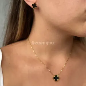 Conjunto de brinco e colar de trevo 13mm - aço inoxidável dourado
