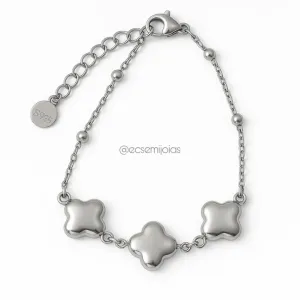 Pulseira com 3 trevos lisos - 16cm + extensor - aço inoxidável