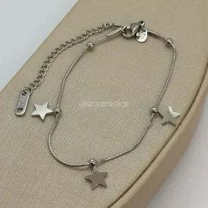 Pulseira rabo de rato com 3 estrelas lisas - 17cm + extensor - aço