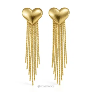 Brinco de coração com franja - banhado a ouro 18k