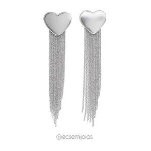 Brinco de coração com franja - banhado a ródio branco