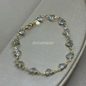 Pulseira de zircônias de corações - 18cm - banhado a ouro 18k