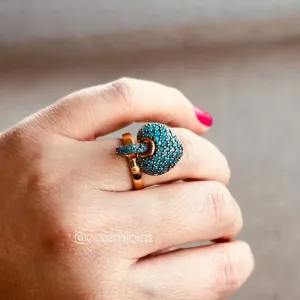 Anel com coração cravejado pendurado - banhado a ouro 18k