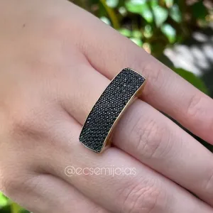 Anel retangulo comprido cravejado - banhado a ouro 18k