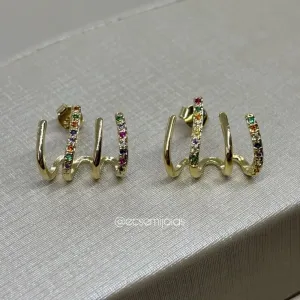 Brinco 4 aros com 2 cravejados e 2 lisos  - banhado a ouro 18k