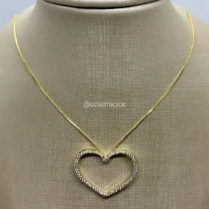 Colar com coração vazado cravejado - 45cm - banhado a ouro 18k