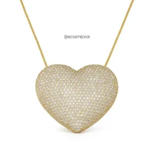 Colar coração 3,5cm cravejado - 45cm - banhado a ouro 18k