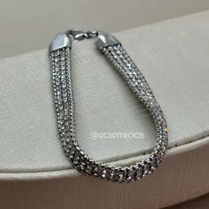 Pulseira de malha cravejada - 18cm + extensor - aço inoxidável