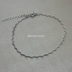 Tornozeleira de ondas - 23cm + extensor - banhado a ródio branco