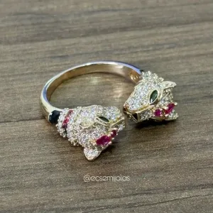 Anel com 2 cabeças de panteras cravejadas - banhado a ouro 18k