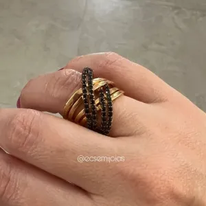 Anel duplo X com aro cravejado e liso - banhado a ouro 18k