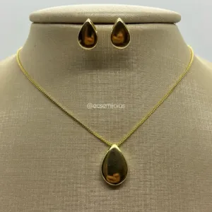 Conjunto de brinco e colar de gota lisa - banhado a ouro 18k