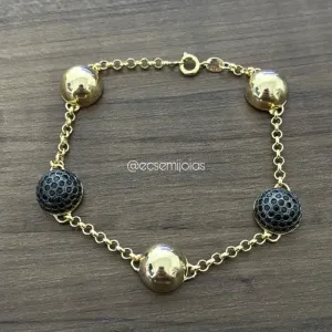 Pulseira bolas lisas e cravejadas - 21cm - banhado a ouro 18k