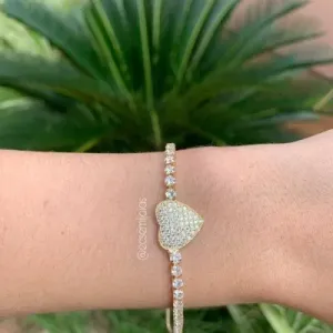 Pulseira de riviera com coração cravejado - ajustável - banhado a ouro 18k