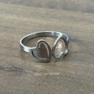 Anel com 2 corações, liso e vazado - aço inoxidável