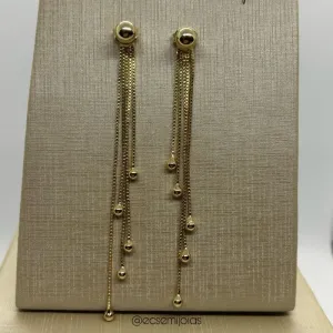 Brinco ear jacket de franja com bola lisa - banhado a ouro 18k