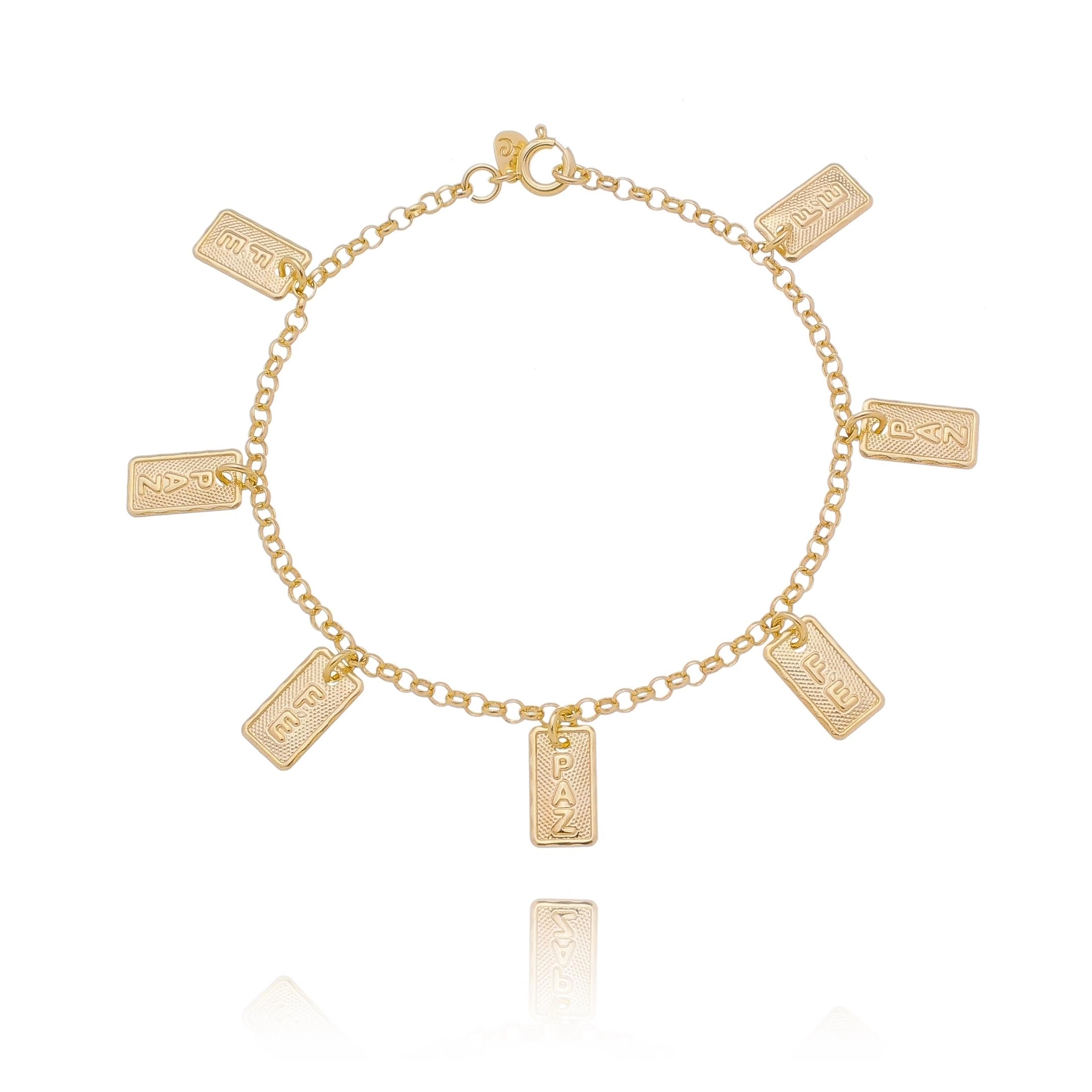 Pulseira com 7 plaquinhas penduradas de fé e paz
