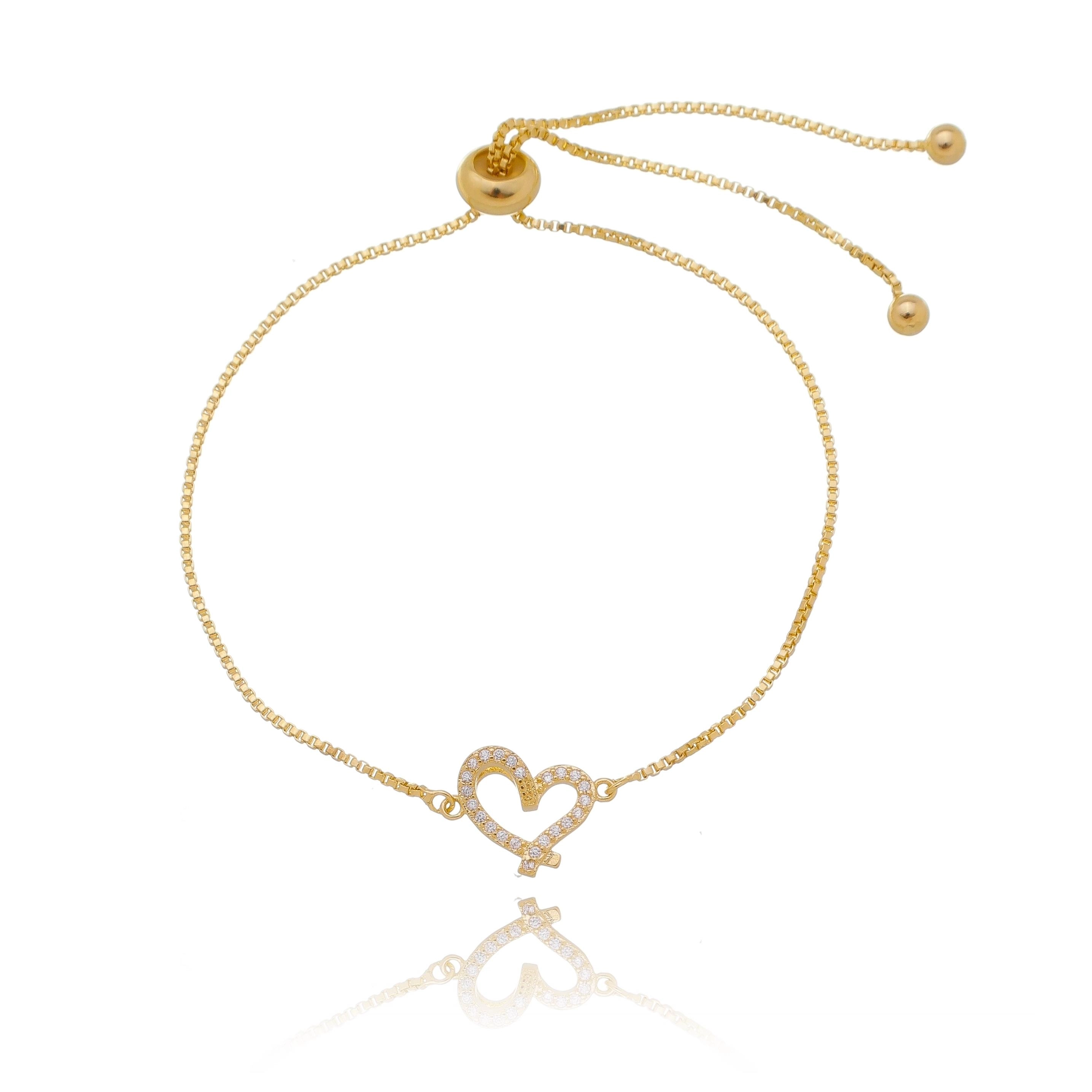 Pulseira de coração vazado cravejado com elo veneziana e fecho ajustável