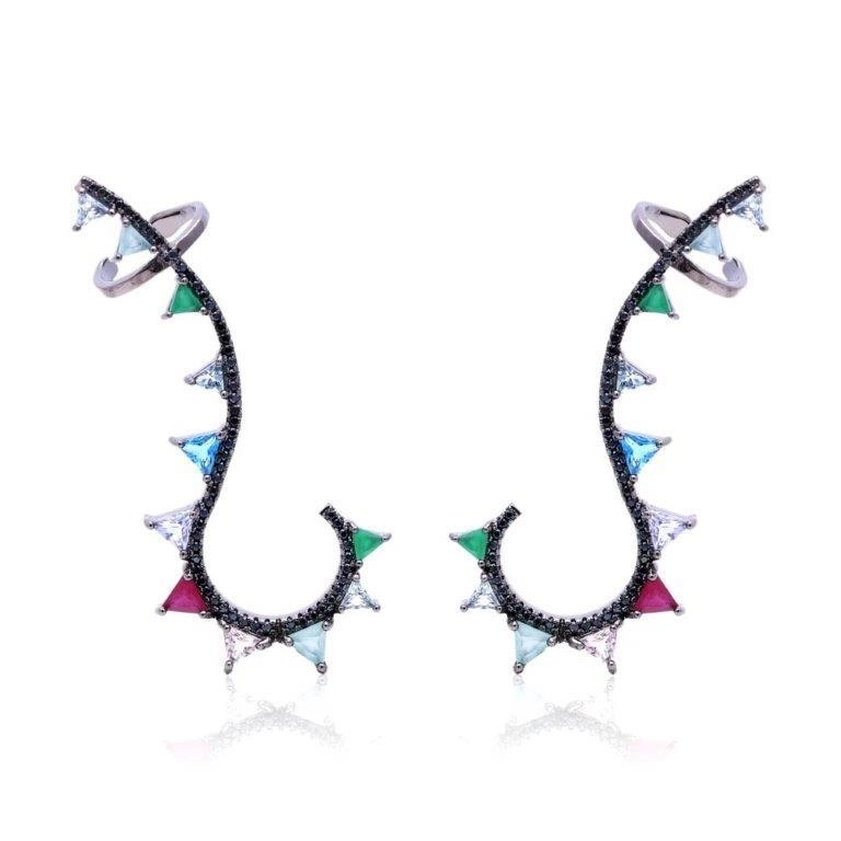 Brinco ear cuff com aro cravejado e zircônias triângulo coloridas