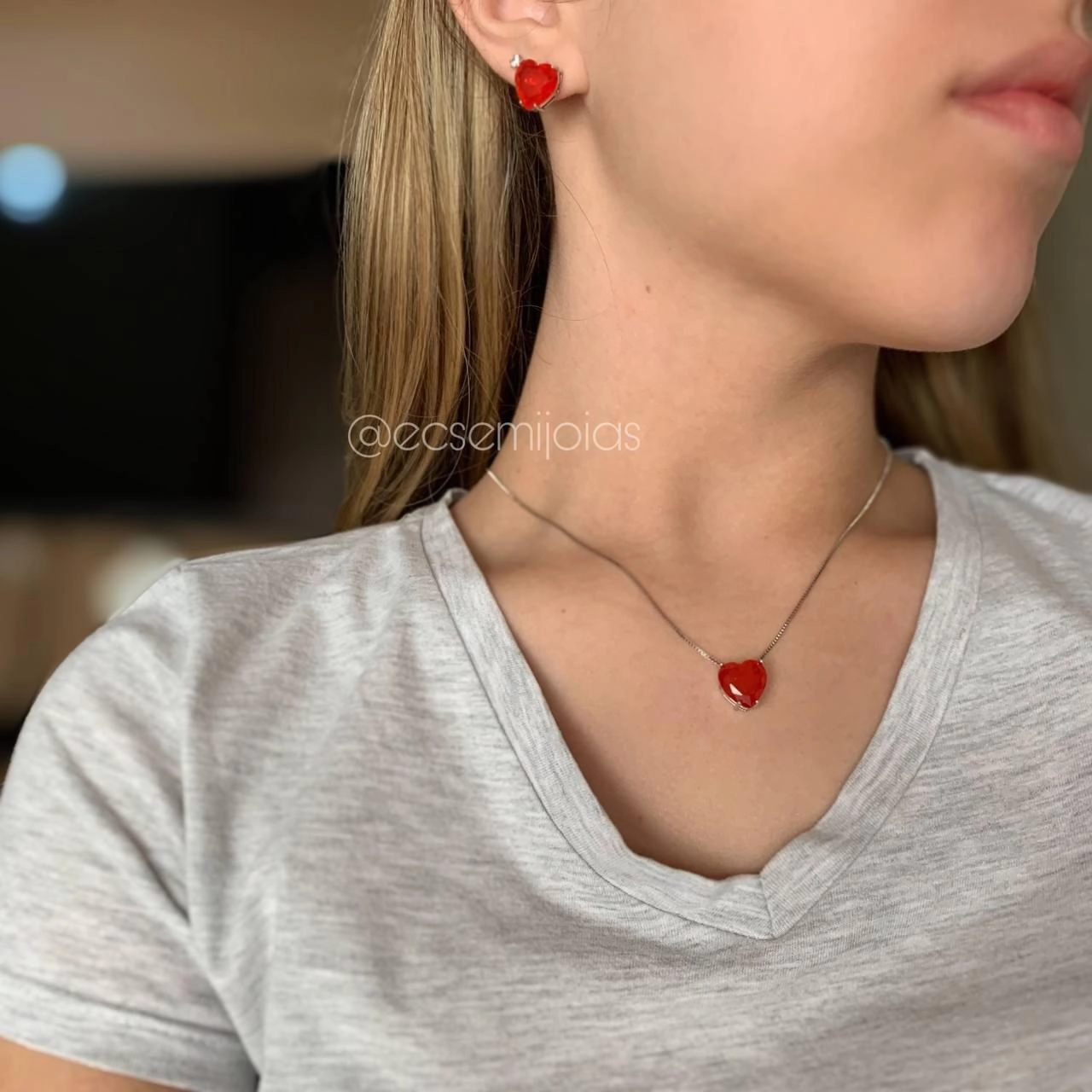 Conjunto de brinco e colar coração 12x12 fusion