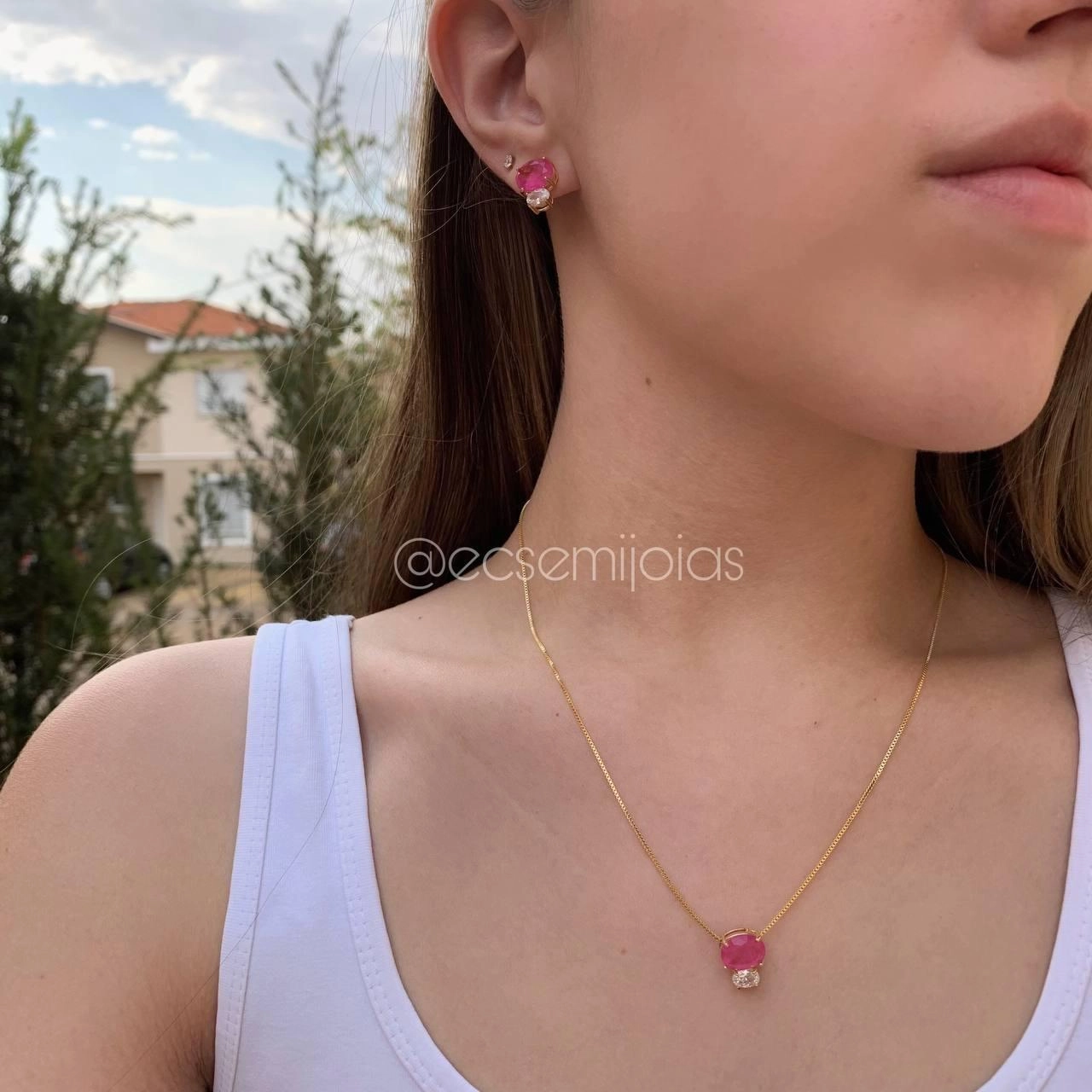 Conjunto de brinco e colar pedra oval 9 x7 mme redonda