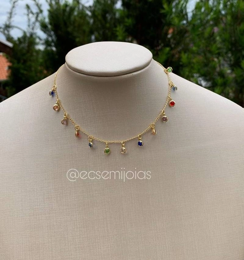 Colar choker pedrinhas coloridas