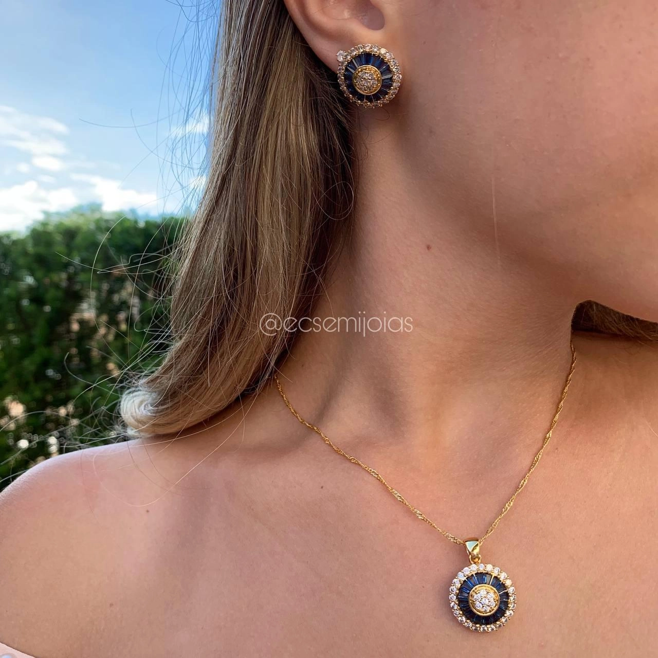 Conjunto brinco, colar e anel pizza saphira