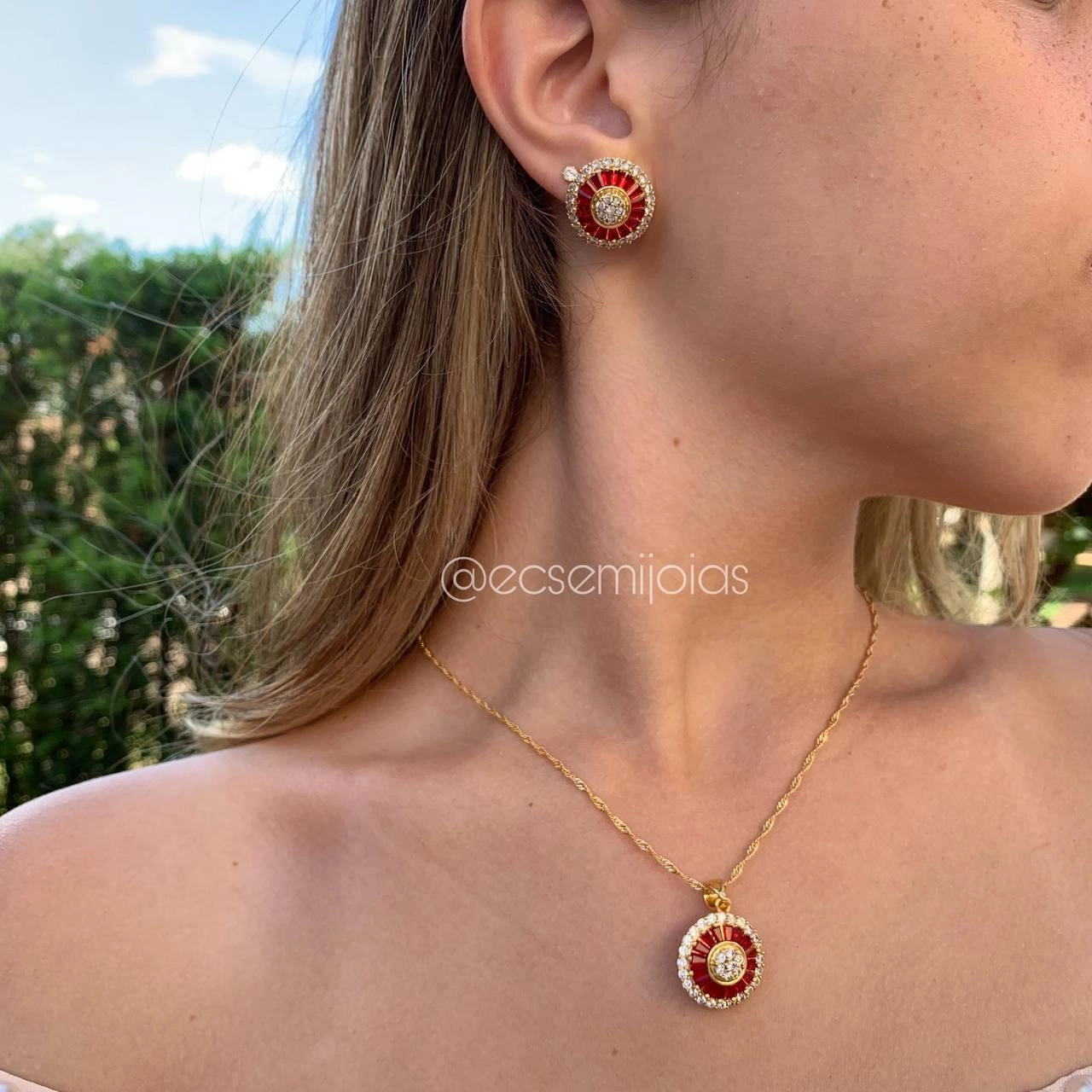 Conjunto brinco, colar e anel pizza ruby