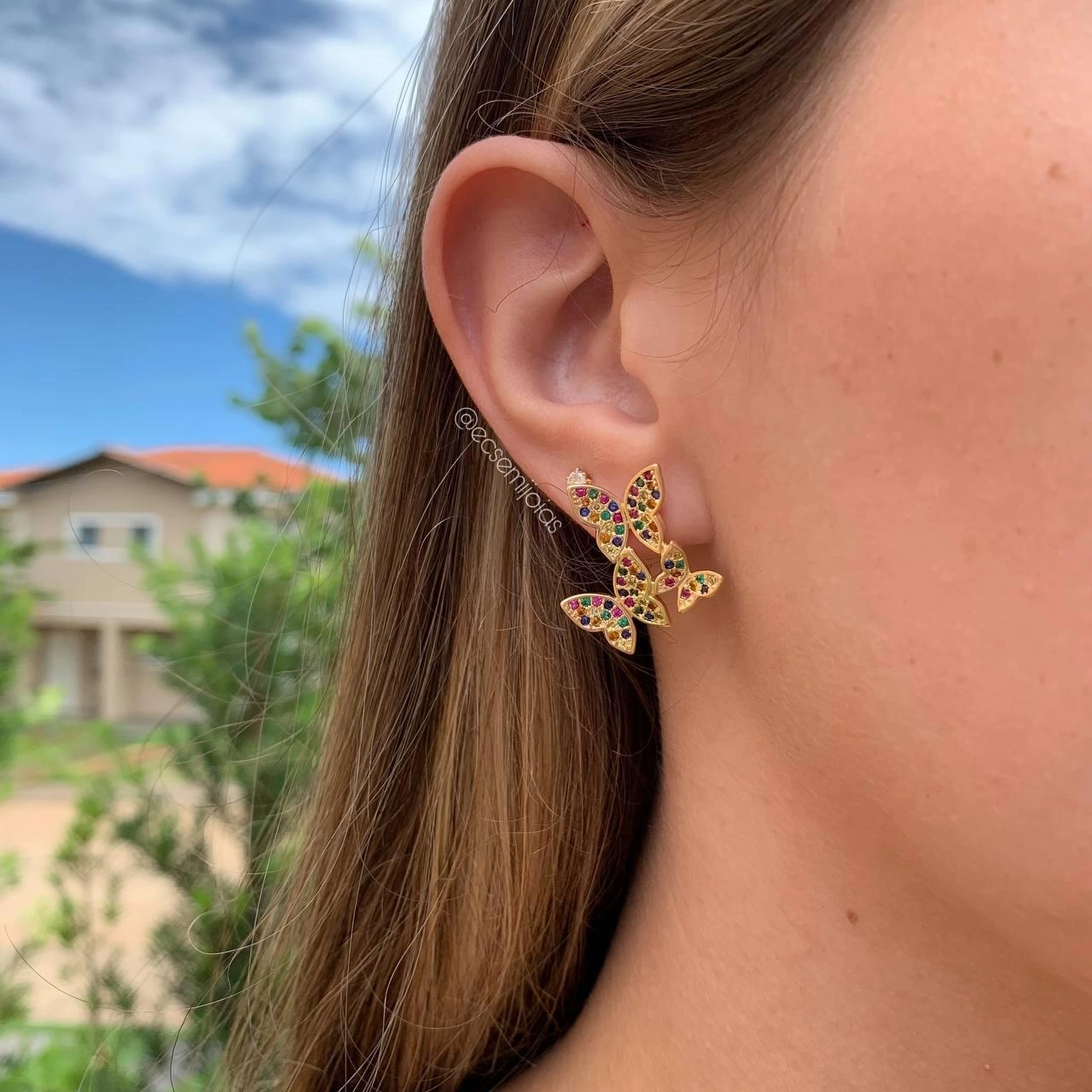 Conjunto anel e brinco de borboleta com zircônia colorida - banhado a ouro 18k
