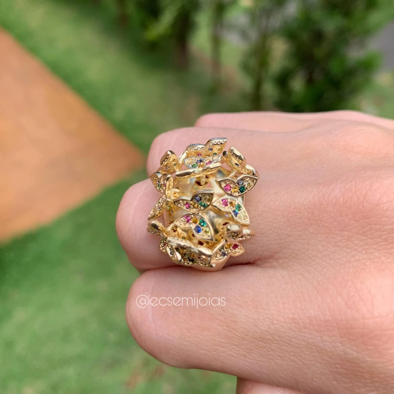 Conjunto anel e brinco de borboleta com zircônia colorida - banhado a ouro 18k