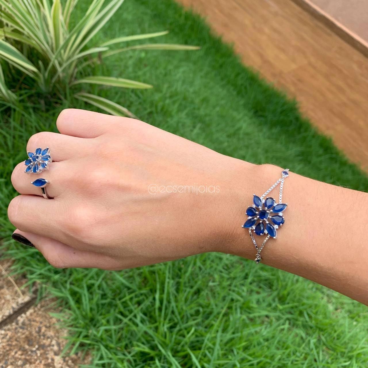 Conjunto brinco, anel e pulseira de flor- PRATA 925