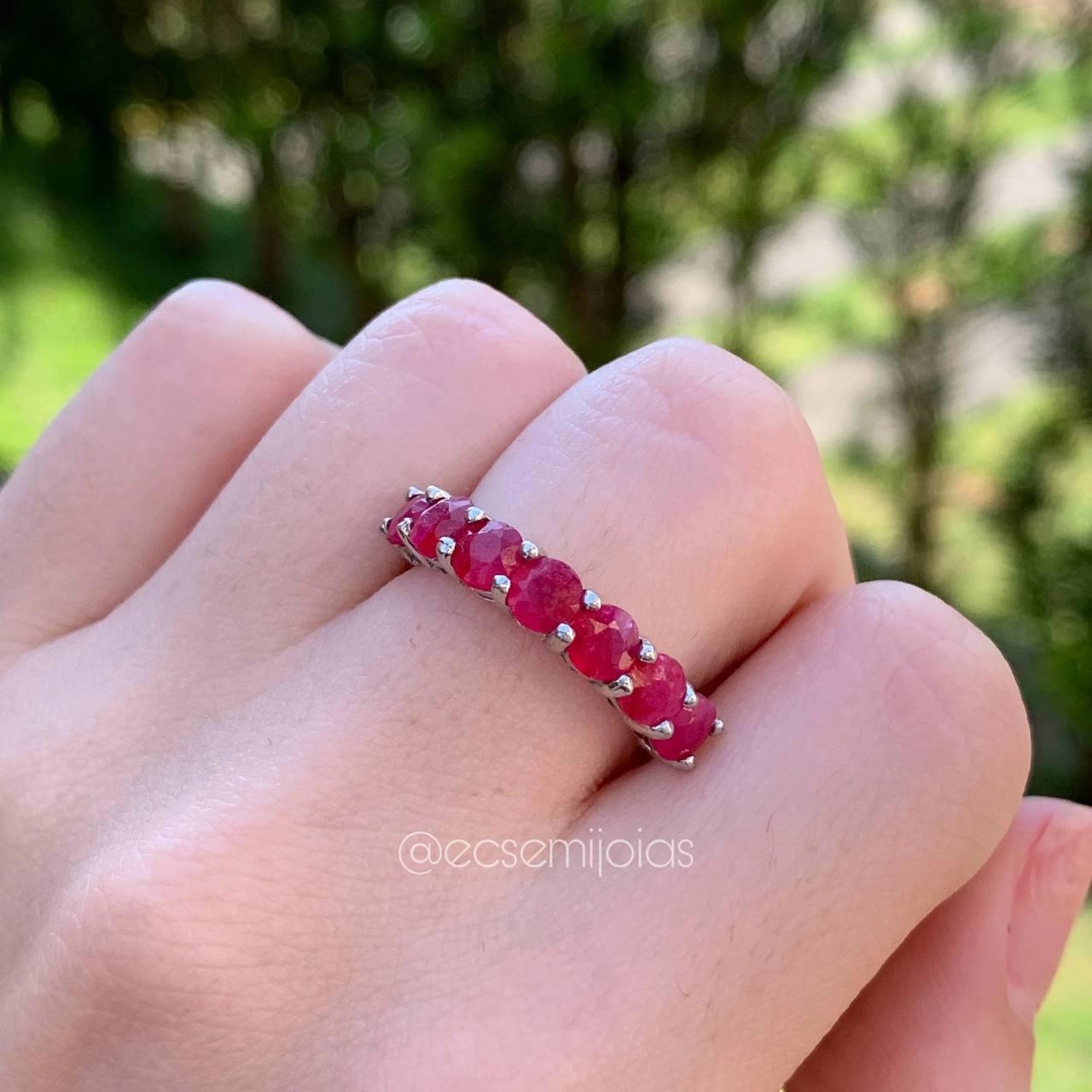 Anel ruby silimanita meia aliança 7 pedras SANTA PRATA