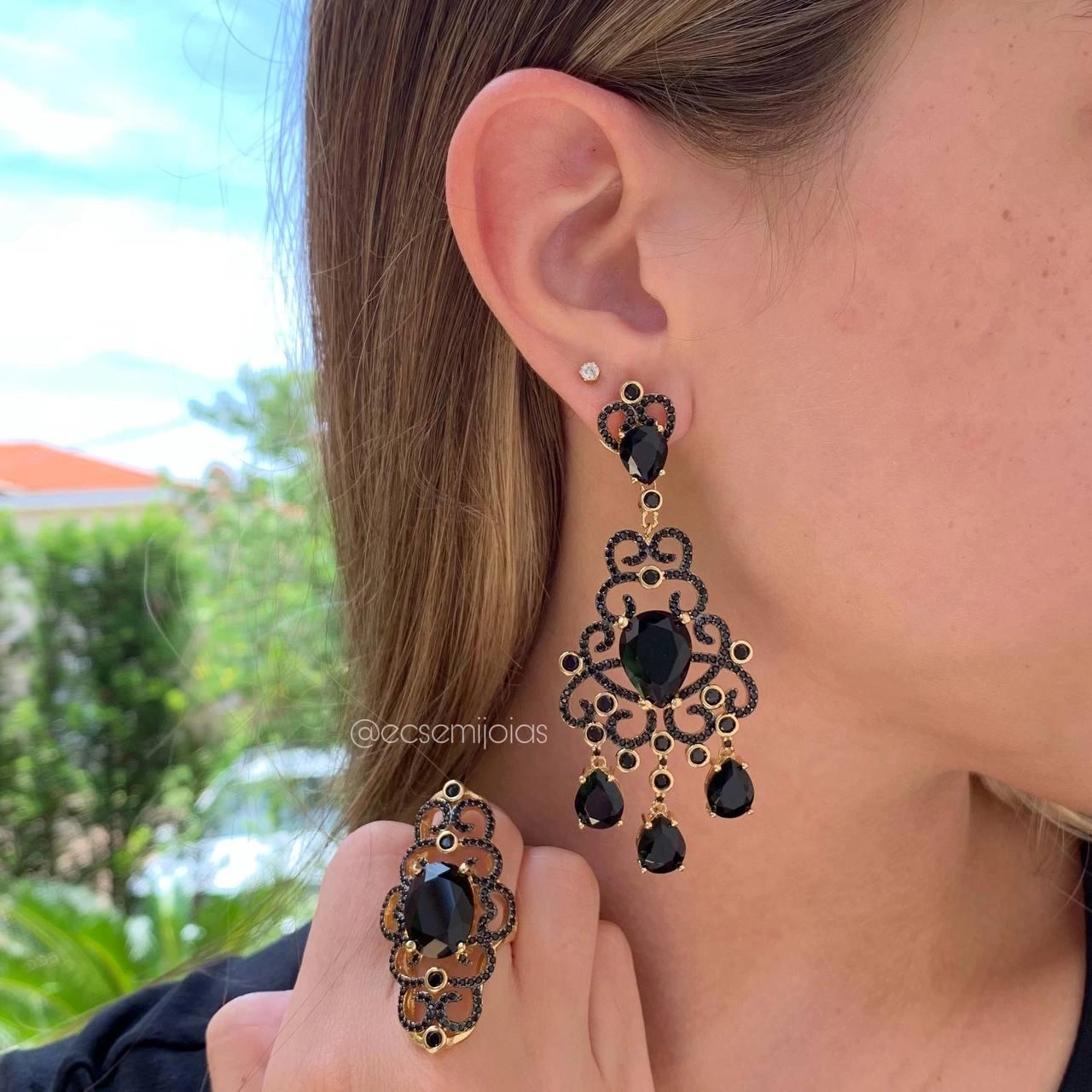 Conjunto anel e brinco  arabesco cravejado com gotas - banhado a ouro 18k