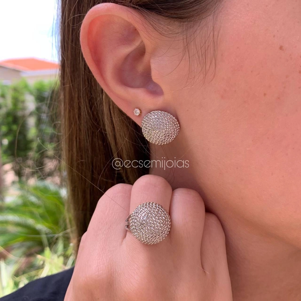Conjunto anel e brinco brinco bombardeado- banhado a ródio branco