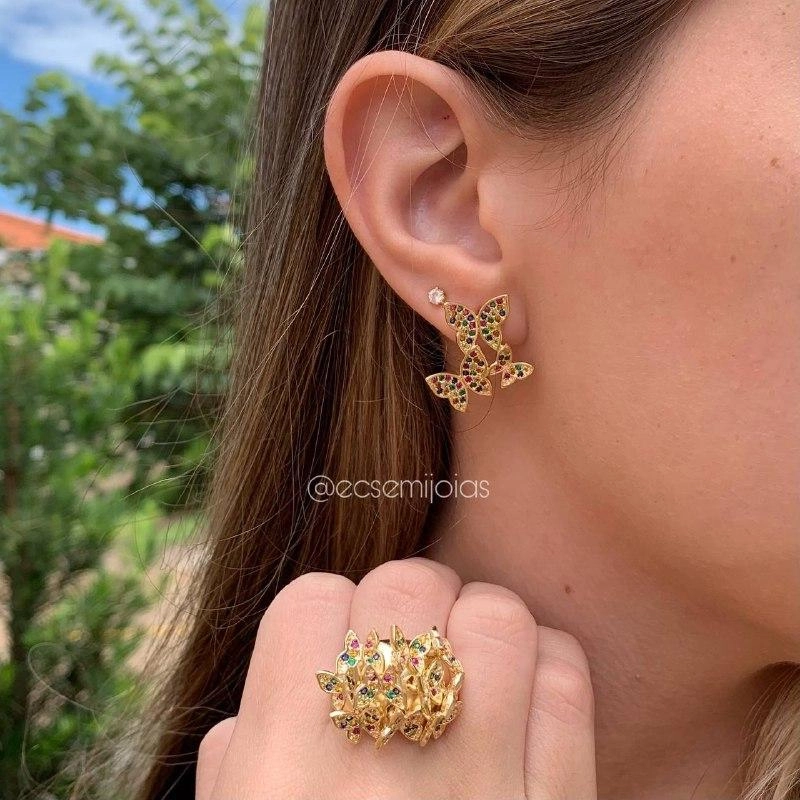 Conjunto anel e brinco de borboleta com zircônia colorida - banhado a ouro 18k