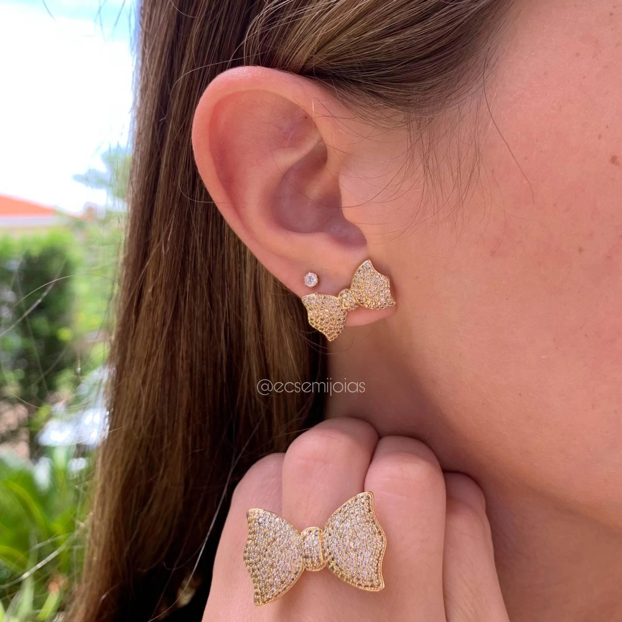 Conjunto anel e brinco de laço cravejado - banhado a ouro 18k