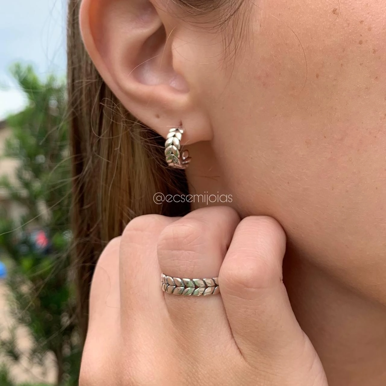 Conjunto anel e brinco folha  - PRATA 925