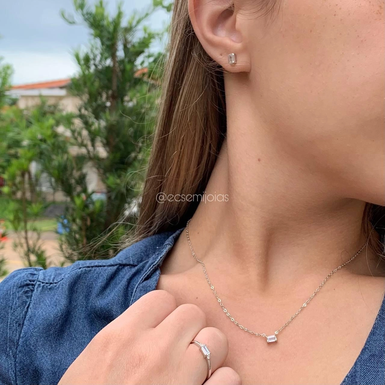 Conjunto brinco, colar e anel com uma pedra retangular baguete   - PRATA 925- 45cm