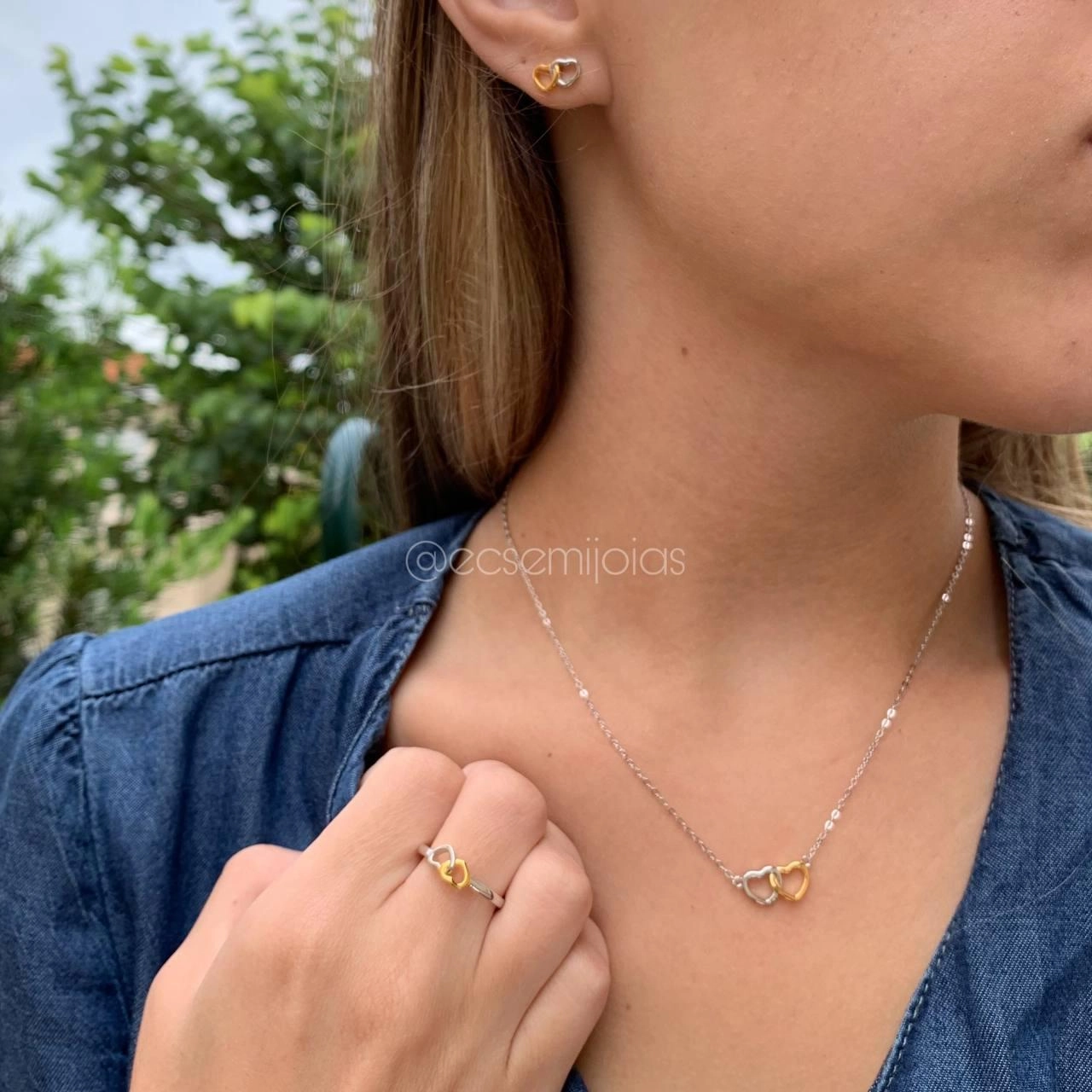 Conjunto brinco, colar e anel dois corações entrelaçados corrente portuguesinha de 45 cm - PRATA 925